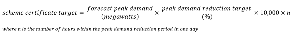 Scheme certificate target equals forecast peak demand in megawatts multiplied by peak demand reduction target percentage multiplied by 10000 multiplied by number of hours within a peak demand reduction period in a day