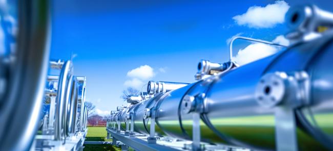 Green Hydrogen renewable energy production pipeline against sunny sky