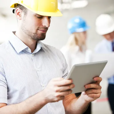 Person in safety hat looking at tablet