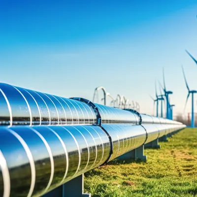 A hydrogen pipeline with wind turbines and in the background.